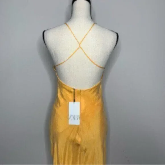 NWT Zara Tangerine Satin Effect Ruched Detail Slip Midi Dress - Picture 7 of 11
